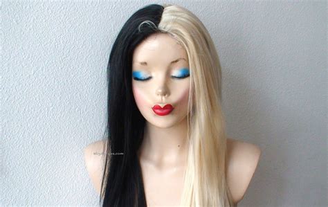 half black and half white wig|half blonde half black wig.